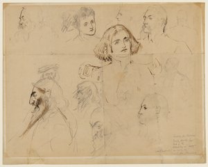 Wstępny szkic niektórych postaci w Trilby, w tym Trilby i Svengali (ołówek, długopis i atrament na papierze) autorstwa George du Maurier