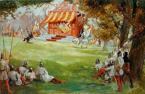 Turniej rycerski autorstwa Sir Nigela i Białej Kompanii autorstwa Sir Arthura Conan Doylesa (1859-1930) (olej na płótnie położony na płycie) (patrz także 140868) autorstwa George Edmund Butler