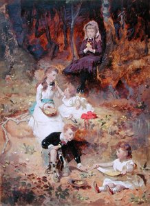 Pięciu dzieci bawiących się w lesie (olej na karcie) autorstwa George Elgar Hicks