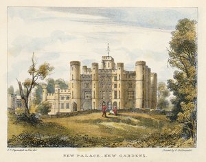 New Palace, Kew Gardens, tablica 1 z Kew Gardens: A Series of Twenty-Four Drawings on Stone, rytowana przez Charlesa Hullmandela (1789-1850) wydana w 1820 r. (litografia ręcznie kolorowana)