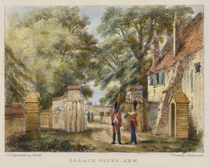 Palace Gates, Kew, tablica 3 z Kew Gardens: A Series of Twenty-Four Drawings on Stone, rytowane przez Charlesa Hullmandela (1789-1850) wydane w 1820 r. (litografia ręcznie kolorowana)