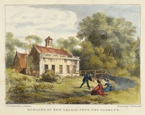 Remains of Kew Palace from the Gardens, płyta 6 z Kew Gardens: A Series of Twenty-Four Drawings on Stone, grawerowane przez Charlesa Hullmandela (1789-1850) wydane w 1820 r. (litografia ręcznie kolorowana)