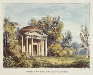 Świątynia Bellony, Kew Gardens, tablica 24 z Kew Gardens: A Series of Twenty-Four Drawings on Stone, grawerowana przez Charlesa Hullmandela (1789-1850) opublikowana w 1820 r. (litografia ręcznie kolorowana)