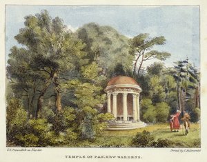 Temple of Pan, Kew Gardens, tablica 12 z Kew Gardens: A Series of Twenty-Four Drawings on Stone, grawerowana przez Charlesa Hullmandela (1789-1850) opublikowana w 1820 r. (litografia ręcznie kolorowana)