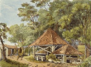 Water Works, Kew Gardens, tablica 22 z Kew Gardens: A Series of Twenty-Four Drawings on Stone, grawerowane przez Charlesa Hullmandela (1789-1850) wydana w 1820 r. (litografia ręcznie kolorowana)