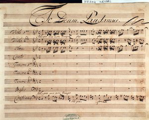 Strona tytułowa partytury muzycznej Te deum G F Haendla autorstwa George Frederick Handel