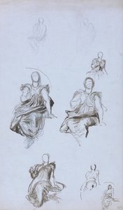 Studia siedzącej postaci z książką (długopis i brązowy tusz oraz grafit na niebieskim papierze) autorstwa George Frederick Watts