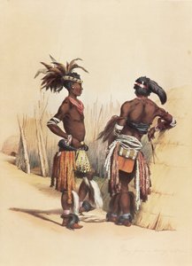 Dwóch młodych Zulusów, ubranych w żywe, tradycyjne stroje autorstwa George French Angas