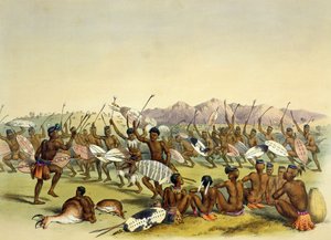 Taniec myśliwski Zulusów w pobliżu gór Engooi, tablica 14 z „The Kafirs Illustrated”, 1849