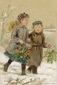 Dzieci bawiące się na śniegu - Zbieranie ostrokrzewu (wc podkreślone białym na papierze) (zobacz 224240 dla pary) autorstwa George Goodwin Kilburne