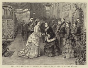 Jej Wysokość wita księżnę Edynburga na dworcu kolejowym w Windsor autorstwa George Goodwin Kilburne