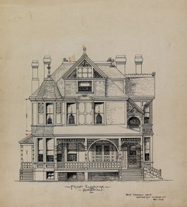 Rysunki projektowe prezentacji, rezydencja dla dr Stratford, Chicago, Illinois, elewacja frontowa autorstwa George Gorball