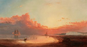 Wysyłka z angielskiego wybrzeża, zachód słońca (olej na płótnie) autorstwa George Gregory