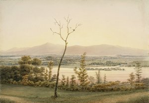 Early Twilight, Kaatskill Catskill Landing and Mountains ze wschodniego brzegu rzeki Hudson, Nowy Jork, 1840 (akwarela, grafit, wybiórcze glazurowanie, gwasz i akcenty drapania na papierze dla