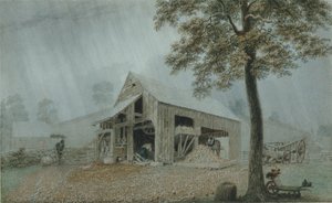 Rainstorm, Cider Mill at Redding, Connecticut, ok. 1840 (akwarela i gwasz na białym papierze tkanym) autorstwa George Harvey