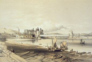 Conway Bridge, Budowa drugiej rury, wrzesień 1848, grawerowane przez artystę