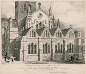 Widok zewnętrzny kaplicy Ladye na wschodnim krańcu kościoła św. Zbawiciela w Southwark autorstwa George Hawkins