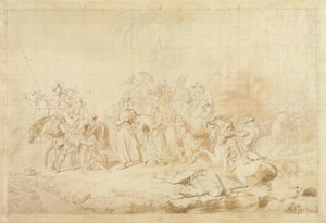 Bandyci z Kurdystanu pomagający Gruzinom w zaskakiwaniu i porywaniu czerkieskich kobiet ok. 1827-28 (pióro i brązowy atrament na tkanym papierze) autorstwa George Hayter