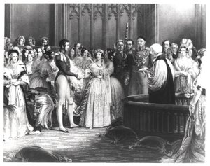 Ślub królowej Wiktorii (1819-1901) i księcia Alberta (1819-61) w Pałacu św. Jakuba w dniu 10 lutego 1840, grawerowane przez Charlesa Edena Wagstaffa, 1840