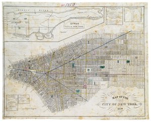 Mapa miasta Nowy Jork, 1850 (czarny tusz, kolorowy wash, na papierze)