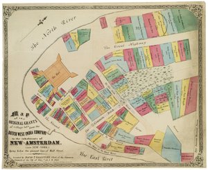 Mapa oryginalnych nadań działek wiejskich od Holenderskiej Kompanii Zachodnioindyjskiej dla mieszkańców Nowego Amsterdamu (obecnie Nowy Jork) leżących poniżej obecnej linii Wall Street, 1857 (czarny tusz, z kolorem