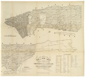 Ta mapa miasta Nowy Jork i wyspy Manhattan sporządzona przez komisarzy mianowanych przez ustawodawcę. . ., 1853 (czarny tusz na papierze)