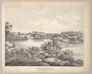 Widok w Central Parku z Mostem Balkonowym i Podręcznikiem Walentynkowym Oak Bridge, 1861.