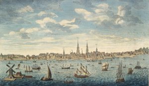 Wschód perspektywiczny widok miasta Filadelfii, w prowincji Pensylwanii, w Ameryce Północnej: zaczerpnięty z Jersey Shore, wyd. Londyn, 1774 (ręcznie kolorowane grawerowanie) autorstwa George Heap