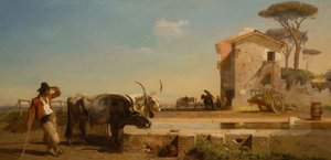 Bydło w miejscu picia w Campagna, Rzym, 1854. autorstwa George Heming Mason