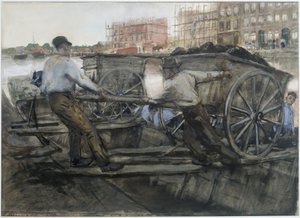 Robotnicy ciągnący wózek z ciężkim ładunkiem na Jacob van Lennepkade, Amsterdam autorstwa George Hendrik Breitner