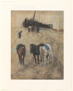 Konie na plaży, w tle barka i rybacy autorstwa George Hendrik Breitner