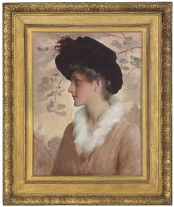 Portret damy, do połowy, w czarnym kapeluszu i futrzanej stule, 1888 autorstwa George Henry Boughton