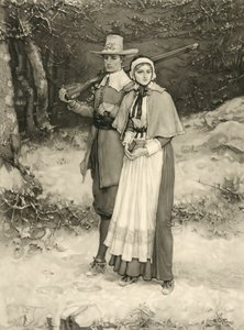 Purytańska para w drodze na niedzielne nabożeństwo, wyryte przez Thomasa Golda Appletona, 1885