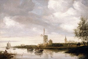 Krajobraz rzeczny z barkami i żaglówkami oraz kościół za nimi autorstwa George Henry Clements