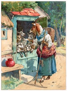 Koza matka i jej pociechy, ilustracja z książki „Pewnego razu” wydanej przez Ernesta Mistera, ok. 1900 (kolor lito)