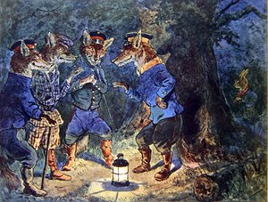 „Pan Lapinot wszystko słyszy”, ilustracja z „Igrzysk olimpijskich zwierząt”, ok. 1910 (kolor lito)