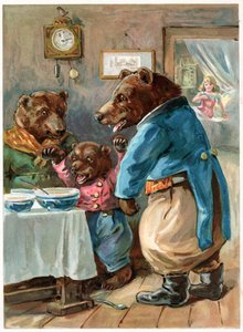 „Kto jadł moją owsiankę?”, ilustracja z „Pewnego razu” wydanej przez Ernesta Mistera, ok. 1900 (kolor lito)