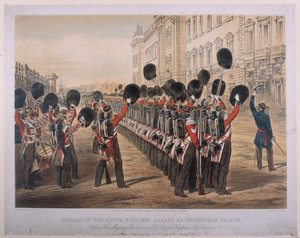 Parada szkockich gwardzistów fizylierów w Pałacu Buckingham rano w dniu ich wyjazdu na Siedzibę Wojny, 2 marca 1854, grawerowane przez E. Walkera, opublikowane przez Colnaghi und Co., 1854 autorstwa George Housman Thomas