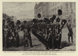 Scotch Fizylier Guards paraduje przed Jej Wysokością Królową i Księciem Małżonkiem w poranek ich zaokrętowania na Krym, 28 lutego 1854 autorstwa George Housman Thomas