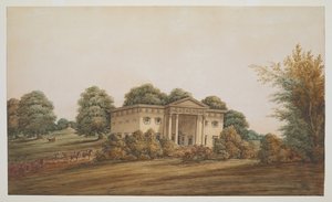 Palladianowy domek z ogrodem w przypominającym park krajobrazie Delhi, z którym zbliża się powóz i podróżnicy autorstwa George Hutchinson
