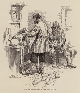 Żydowscy szewcy naprawiający buty (grawerunek) autorstwa George Hutchinson