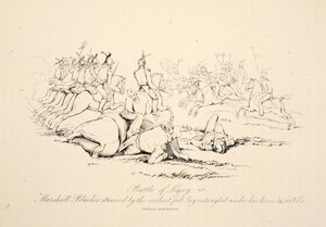 Bitwa pod Ligny: Marshall Blucher oszołomiony gwałtownym upadkiem leżał zaplątany pod koniem, pub J. Booth, 1816