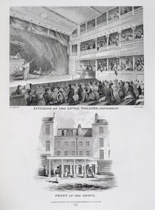 Wnętrze Little Theatre, Haymarket w Londynie i Front of the Above, grawerowane przez Jamesa Stow (c.1770-1820) 1815 autorstwa George Jones