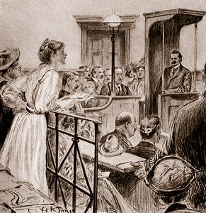 Panna Christabel Pankhurst przesłuchująca pana Herberta Gladstone