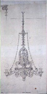 Projekt żyrandola (długopis i sepia na papierze) autorstwa George Maddox