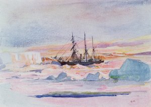 Aurora Australis, ilustracja z „Serce Antarktyki: Wyprawa Nimroda na Biegun Południowy” autorstwa Sir Ernesta Shackletona (1874-1922)