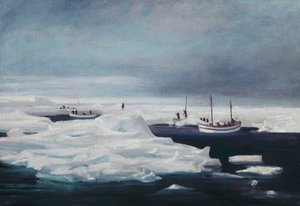 James Caird, Dudley Docker i Stancomb Wills zacumowane do kry na Morzu Weddella, kwiecień 1916 autorstwa George Marston