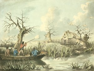 Strzelanie do kaczek, sztych. Thomas Rowlandson (1756-1827), wyd. J. Harris, 1789 (akwaforta kolorowa) (patrz także 125725-27) autorstwa George Morland
