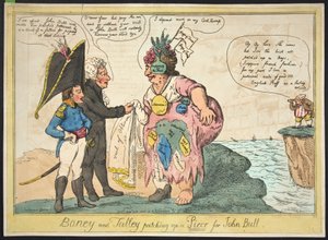 Boney i Talley łapią kawałek dla Johna Bulla, pub. 1806 (grawerowanie ręcznie kolorowane)
