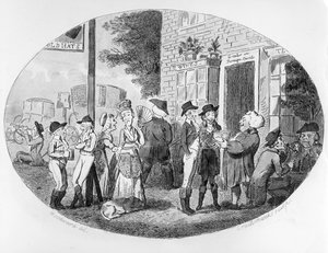 Przed tawerną Old Hats, grawerowaną przez Isaaca Cruikshanka, 1796